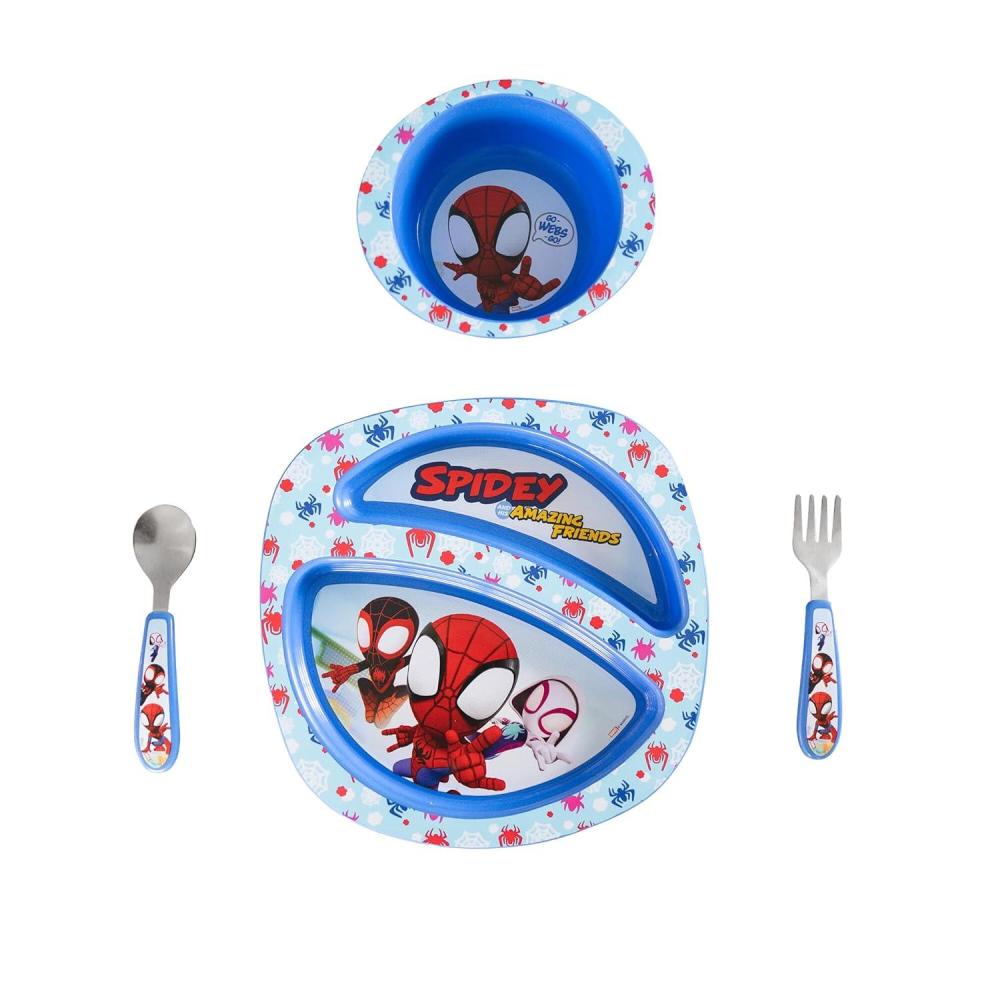 imageThe First Years Bluey 4Piece Place Setting  BPA Free Dishwasher Safe Toddler Dinnerware Set with Divided Plate Bowl Fork Spoon  MulticolorSpidey and His Amazing Friends