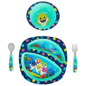 The First Years Bluey 4-Piece Place Setting – BPA Free Dishwasher Safe Toddler Dinnerware Set with Divided Plate, Bowl, Fork, Spoon – Multicolor(Baby Shark)