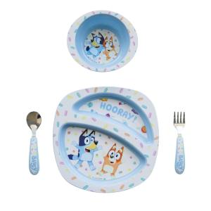The First Years Bluey 4-Piece Place Setting – BPA Free Dishwasher Safe Toddler Dinnerware Set with Divided Plate, Bowl, Fork, Spoon – Multicolor(Bluey)