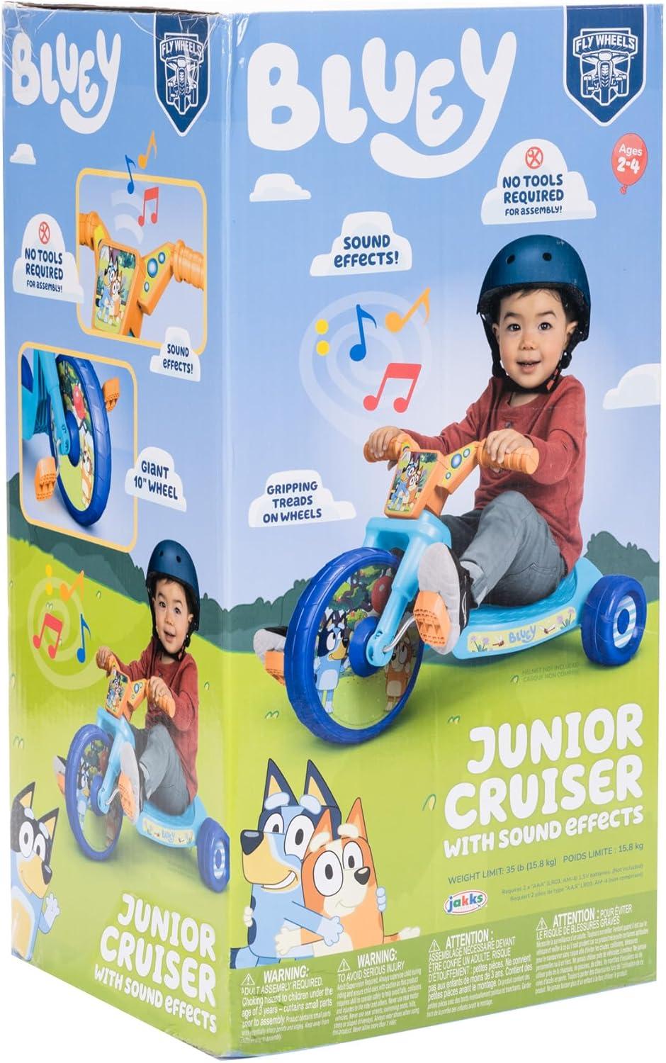 imageBluey Kids RideOn 10 Fly Wheels Junior Cruiser Tricycle with Sounds Toddler Bike Trike Ages 1836M for Kids 3335 Tall 35 lbs Weight Limit