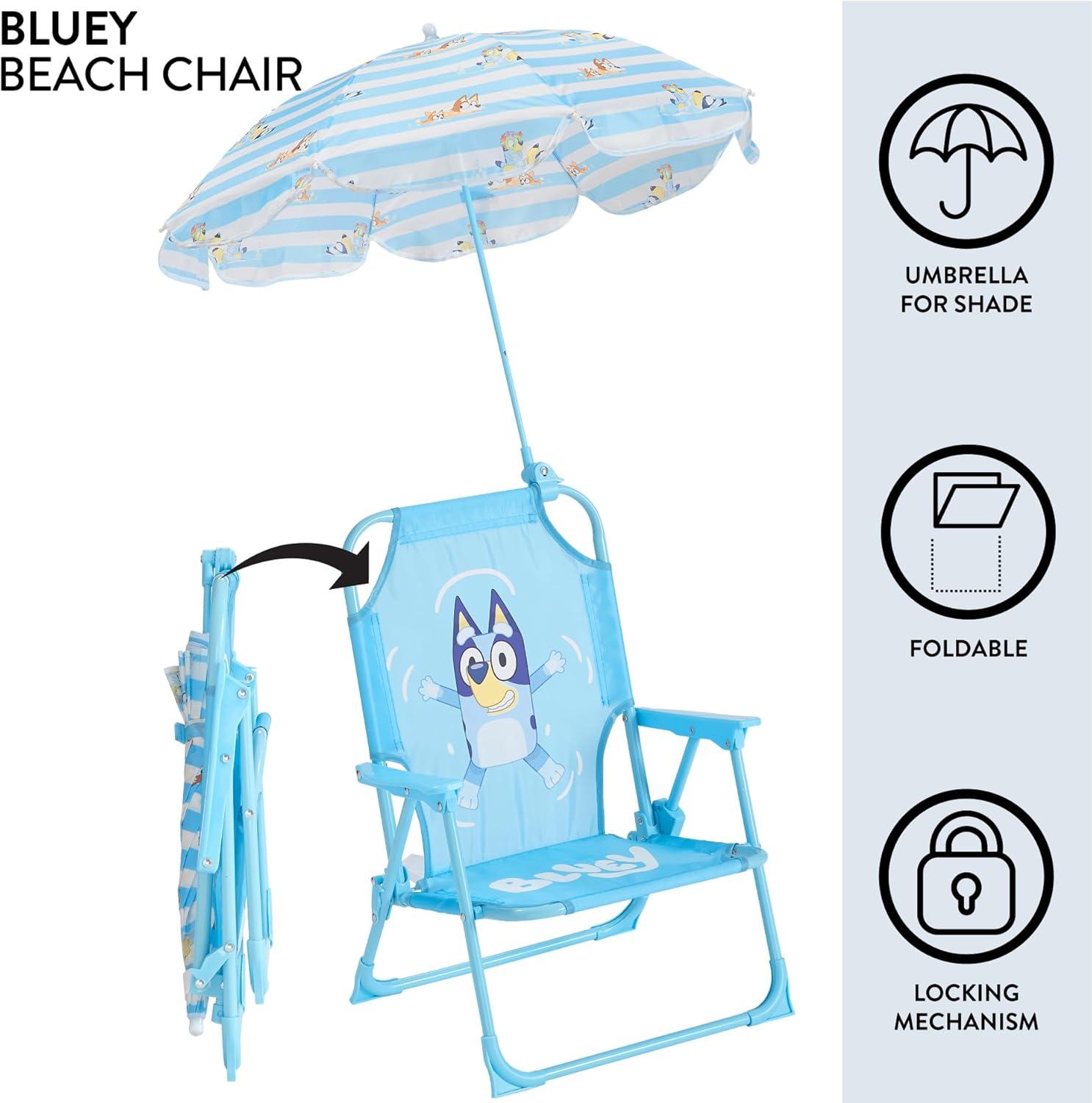 imageIdea Nuova Bluey Kids Outdoor Folding Beach Chair with UmbrellaPortable Camp Chair for Ages 3 Lightweight amp Compact for Beach Camping and BackyardBluey