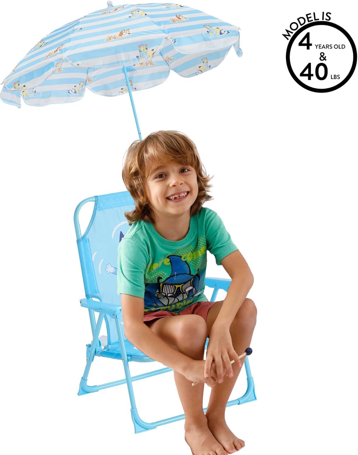 imageIdea Nuova Bluey Kids Outdoor Folding Beach Chair with UmbrellaPortable Camp Chair for Ages 3 Lightweight amp Compact for Beach Camping and BackyardBluey