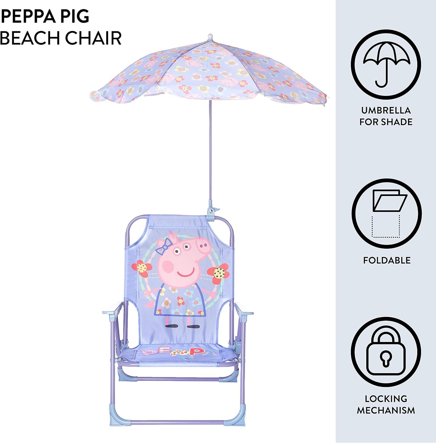 imageIdea Nuova Bluey Kids Outdoor Folding Beach Chair with UmbrellaPortable Camp Chair for Ages 3 Lightweight amp Compact for Beach Camping and BackyardPeppa Pig