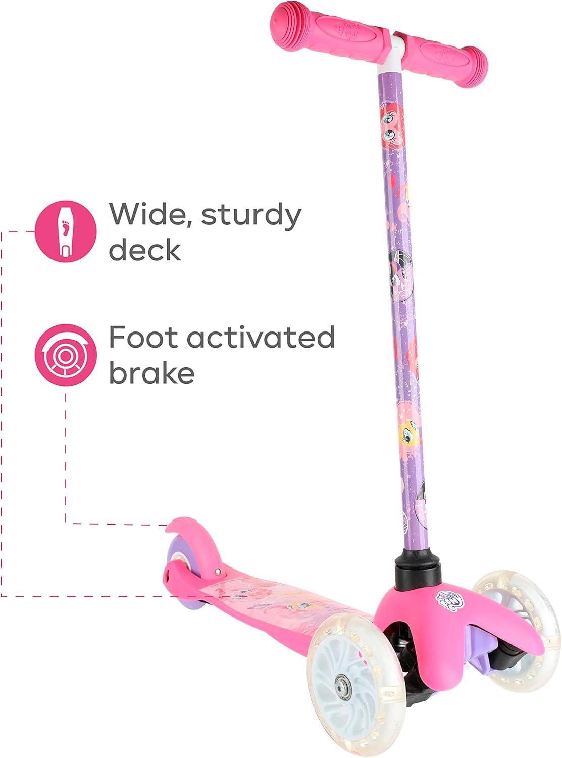 imageSelf Balancing Kick Scooter with Light Up Wheels Extra Wide Deck 3 Wheel Platform Foot Activated Brake 75 lbs Limit Kids amp Toddlers Girls or Boys for Ages 3 and UpMy Little Pony