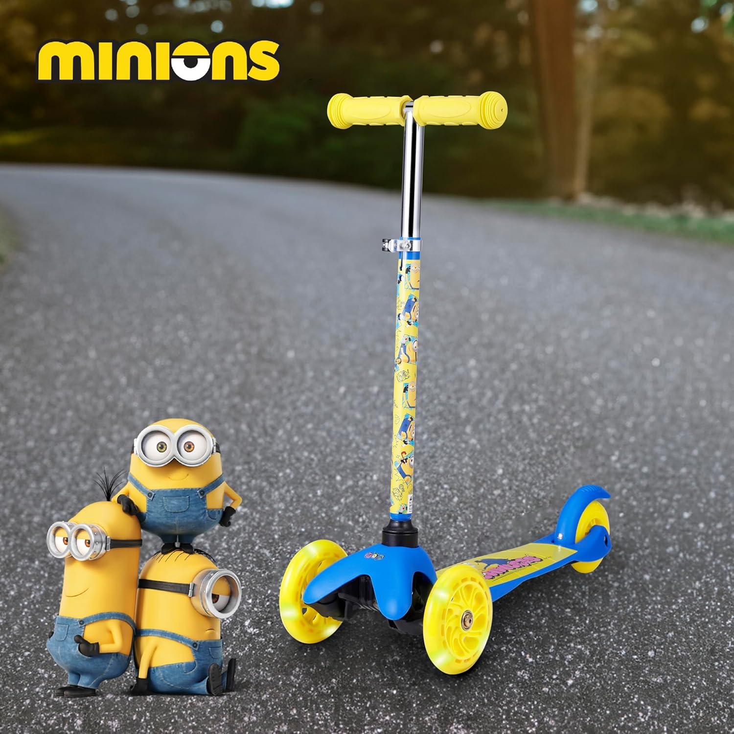 imageSelf Balancing Kick Scooter with Light Up Wheels Extra Wide Deck 3 Wheel Platform Foot Activated Brake 75 lbs Limit Kids amp Toddlers Girls or Boys for Ages 3 and UpMinions