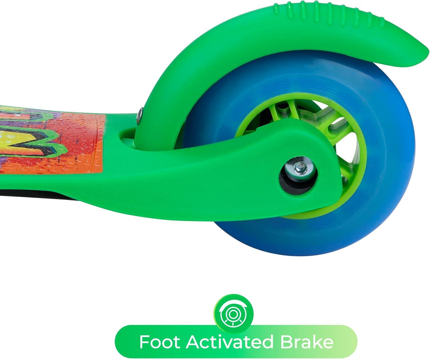 imageSelf Balancing Kick Scooter with Light Up Wheels Extra Wide Deck 3 Wheel Platform Foot Activated Brake 75 lbs Limit Kids amp Toddlers Girls or Boys for Ages 3 and UpTMNT