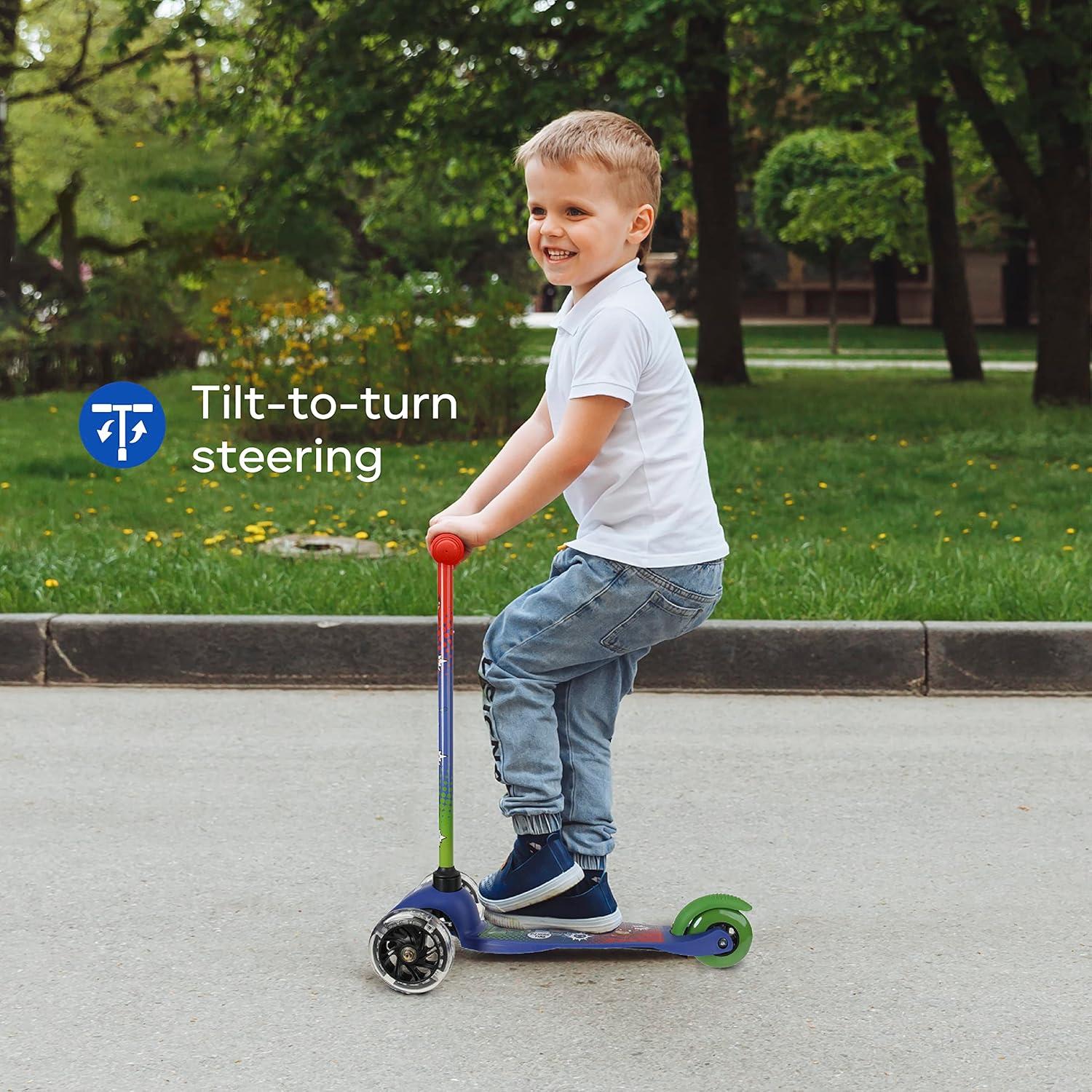 imageSelf Balancing Kick Scooter with Light Up Wheels Extra Wide Deck 3 Wheel Platform Foot Activated Brake 75 lbs Limit Kids amp Toddlers Girls or Boys for Ages 3 and UpPJ Mask