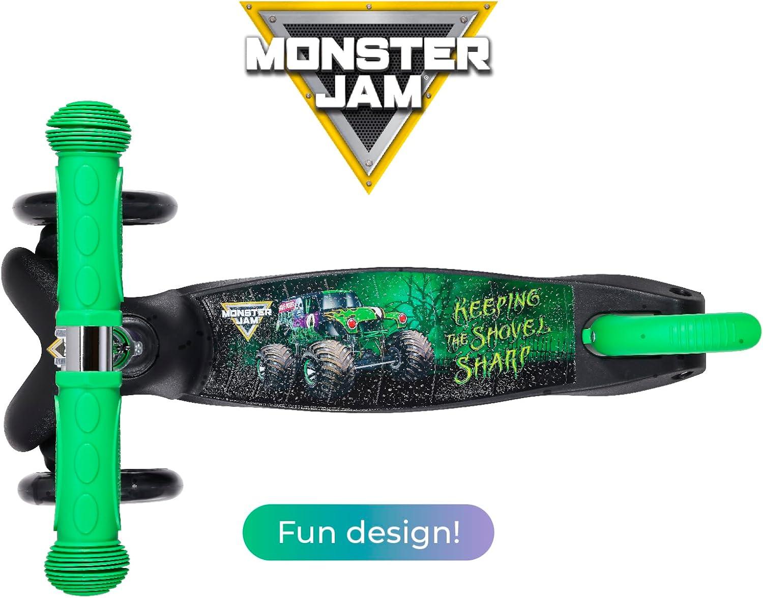 imageSelf Balancing Kick Scooter with Light Up Wheels Extra Wide Deck 3 Wheel Platform Foot Activated Brake 75 lbs Limit Kids amp Toddlers Girls or Boys for Ages 3 and UpMonster Jam
