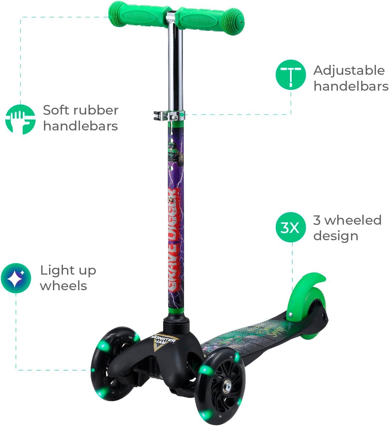 imageSelf Balancing Kick Scooter with Light Up Wheels Extra Wide Deck 3 Wheel Platform Foot Activated Brake 75 lbs Limit Kids amp Toddlers Girls or Boys for Ages 3 and UpMonster Jam