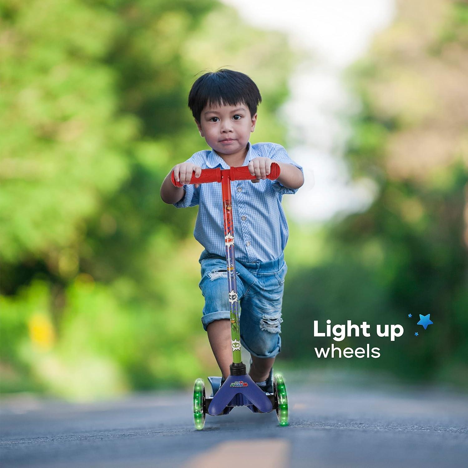 imageSelf Balancing Kick Scooter with Light Up Wheels Extra Wide Deck 3 Wheel Platform Foot Activated Brake 75 lbs Limit Kids amp Toddlers Girls or Boys for Ages 3 and UpPJ Mask