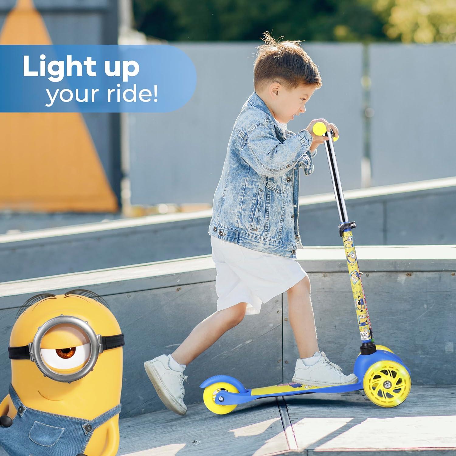 imageSelf Balancing Kick Scooter with Light Up Wheels Extra Wide Deck 3 Wheel Platform Foot Activated Brake 75 lbs Limit Kids amp Toddlers Girls or Boys for Ages 3 and UpMinions