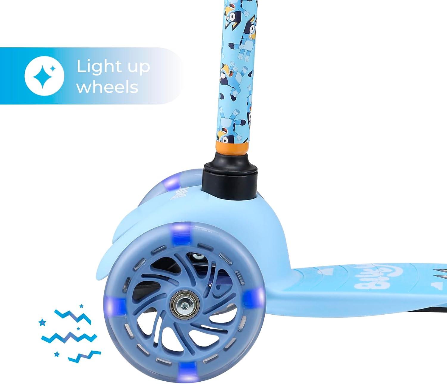 imageSelf Balancing Kick Scooter with Light Up Wheels Extra Wide Deck 3 Wheel Platform Foot Activated Brake 75 lbs Limit Kids amp Toddlers Girls or Boys for Ages 3 and UpBluey