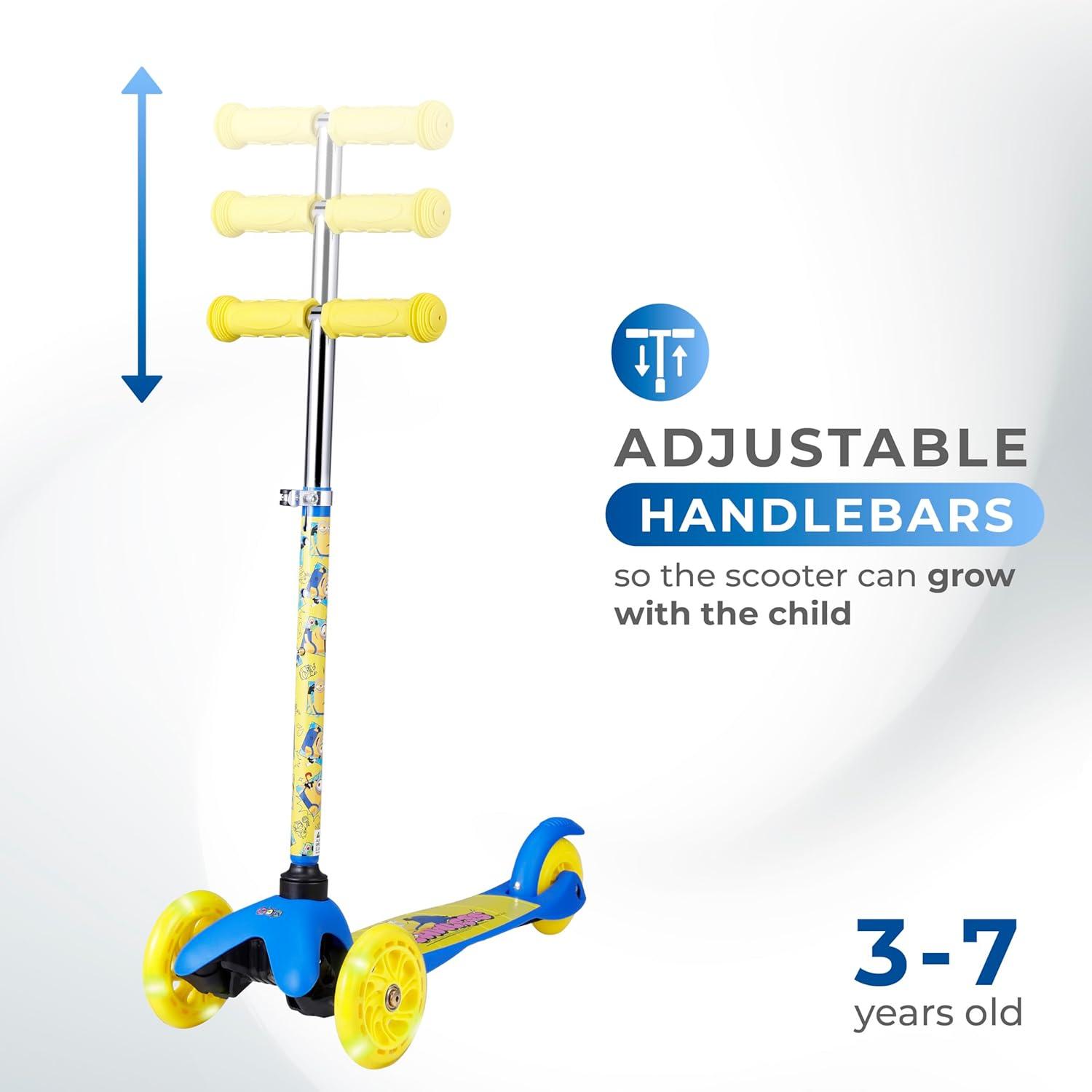 imageSelf Balancing Kick Scooter with Light Up Wheels Extra Wide Deck 3 Wheel Platform Foot Activated Brake 75 lbs Limit Kids amp Toddlers Girls or Boys for Ages 3 and UpMinions