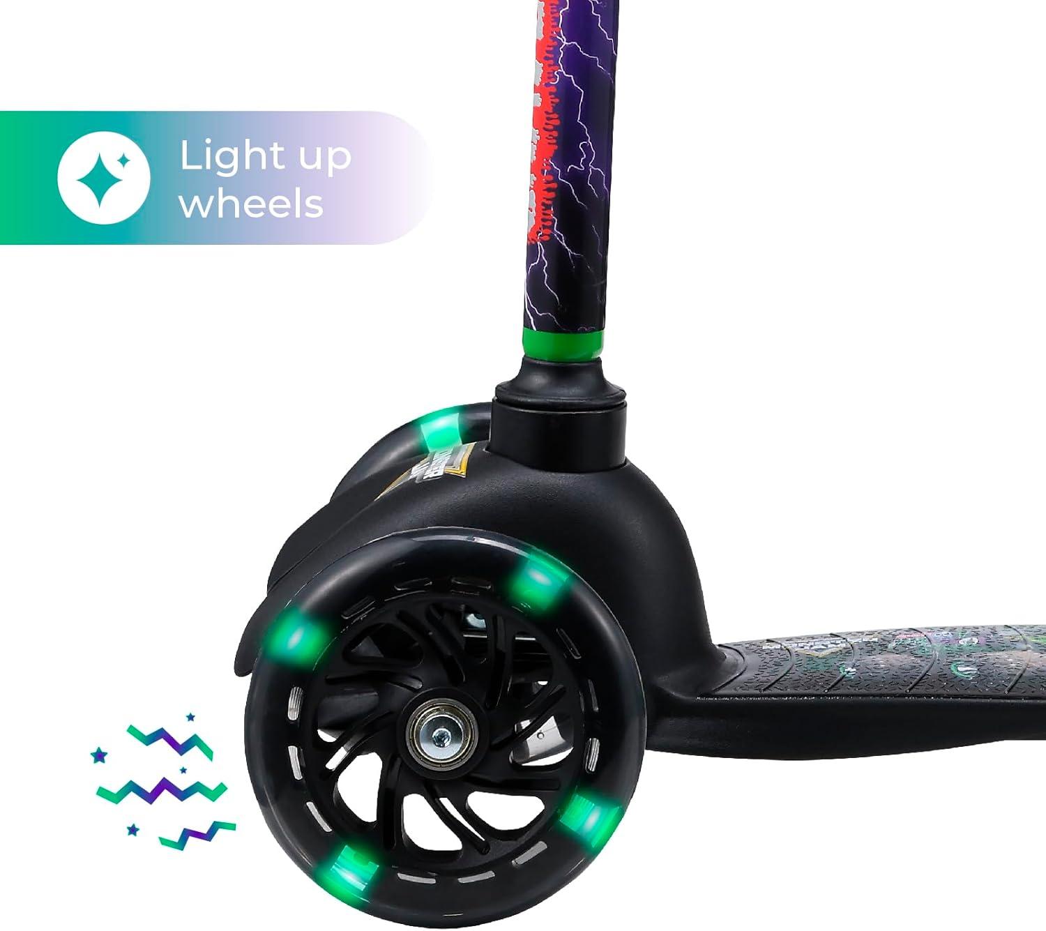 imageSelf Balancing Kick Scooter with Light Up Wheels Extra Wide Deck 3 Wheel Platform Foot Activated Brake 75 lbs Limit Kids amp Toddlers Girls or Boys for Ages 3 and UpMonster Jam