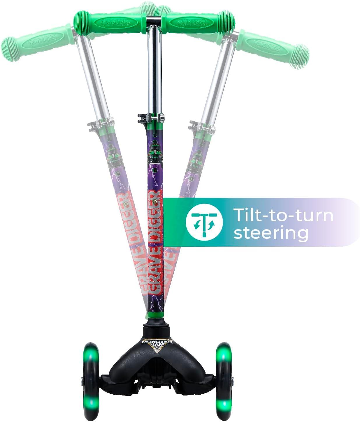imageSelf Balancing Kick Scooter with Light Up Wheels Extra Wide Deck 3 Wheel Platform Foot Activated Brake 75 lbs Limit Kids amp Toddlers Girls or Boys for Ages 3 and UpMonster Jam
