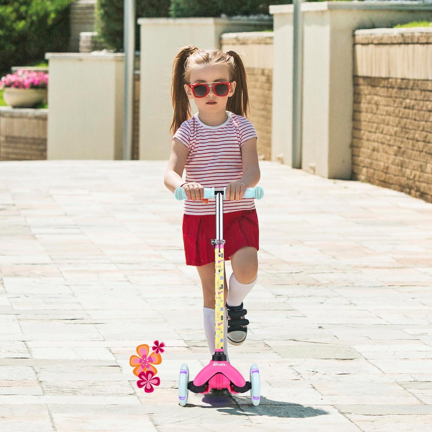 imageSelf Balancing Kick Scooter with Light Up Wheels Extra Wide Deck 3 Wheel Platform Foot Activated Brake 75 lbs Limit Kids amp Toddlers Girls or Boys for Ages 3 and UpBarbie