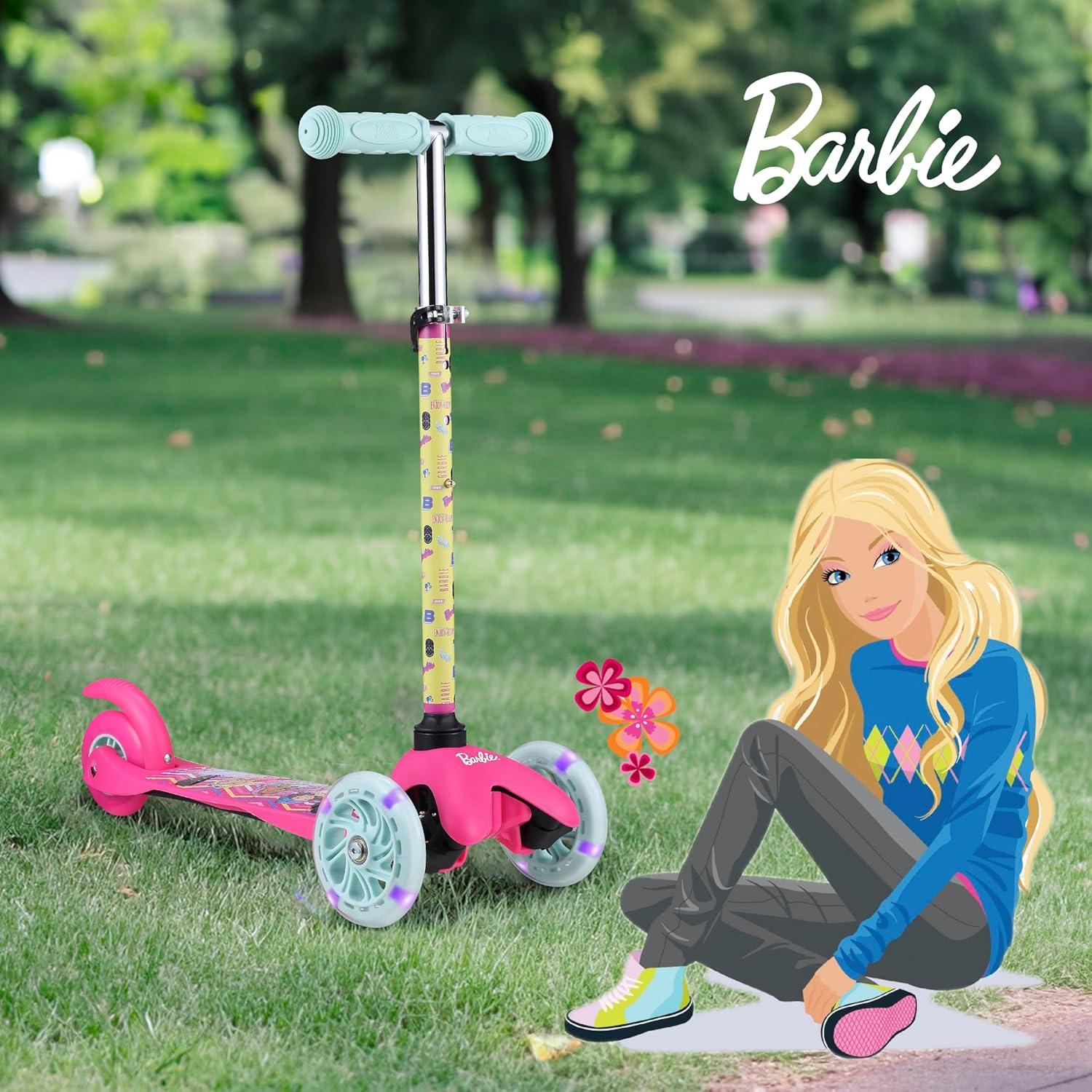 imageSelf Balancing Kick Scooter with Light Up Wheels Extra Wide Deck 3 Wheel Platform Foot Activated Brake 75 lbs Limit Kids amp Toddlers Girls or Boys for Ages 3 and UpBarbie