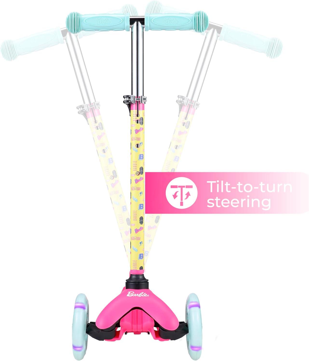 imageSelf Balancing Kick Scooter with Light Up Wheels Extra Wide Deck 3 Wheel Platform Foot Activated Brake 75 lbs Limit Kids amp Toddlers Girls or Boys for Ages 3 and UpBarbie