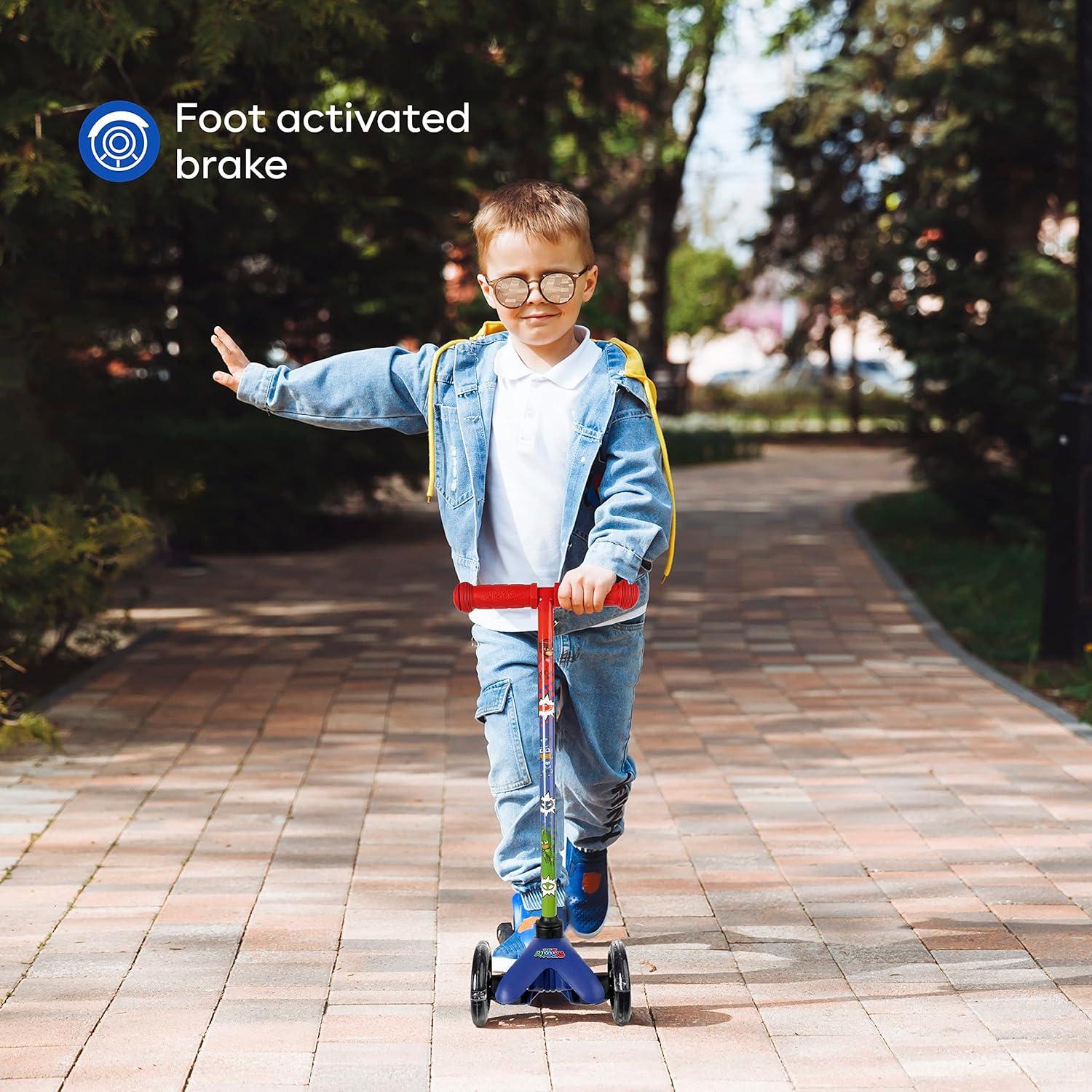 imageSelf Balancing Kick Scooter with Light Up Wheels Extra Wide Deck 3 Wheel Platform Foot Activated Brake 75 lbs Limit Kids amp Toddlers Girls or Boys for Ages 3 and UpPJ Mask