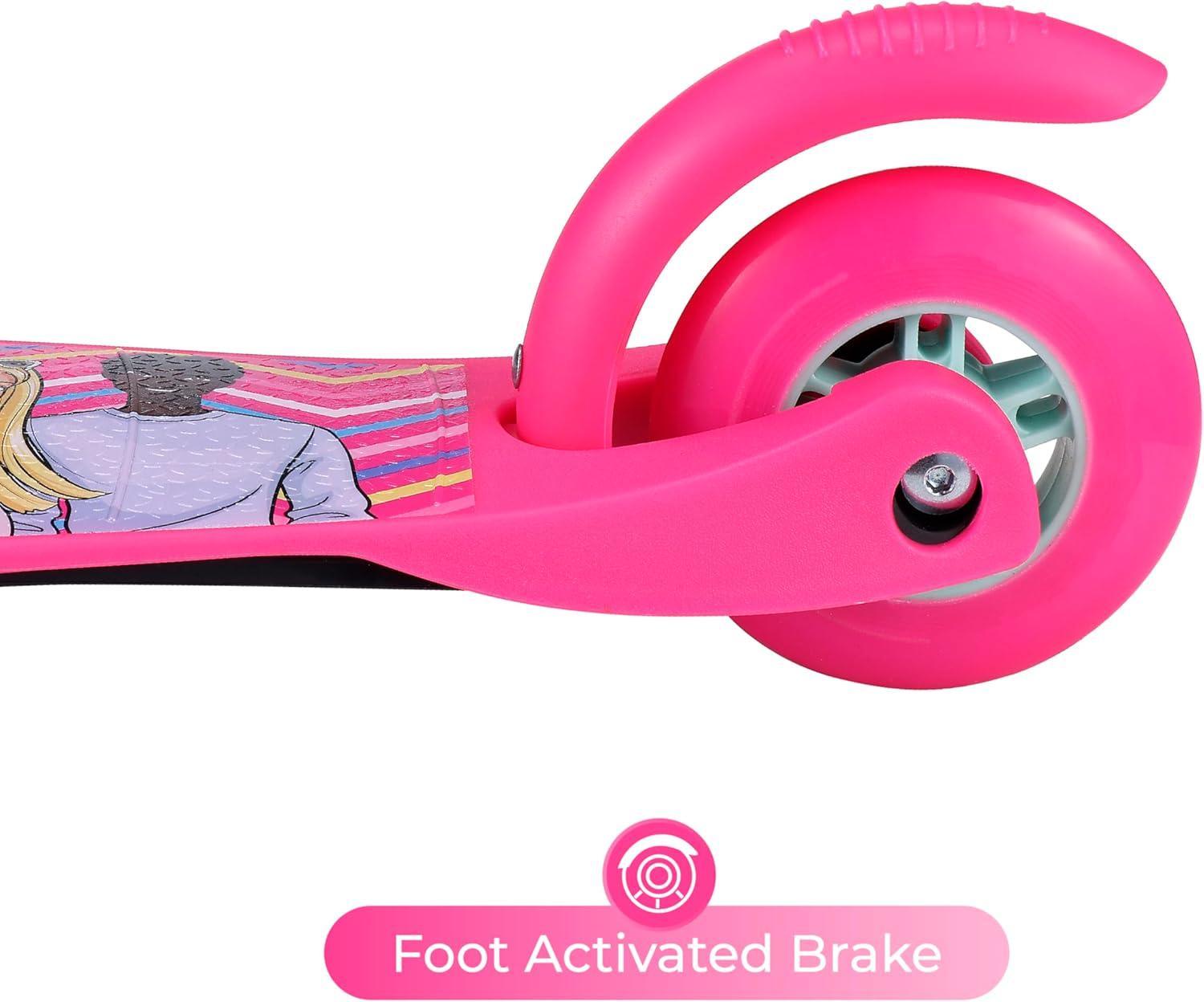 imageSelf Balancing Kick Scooter with Light Up Wheels Extra Wide Deck 3 Wheel Platform Foot Activated Brake 75 lbs Limit Kids amp Toddlers Girls or Boys for Ages 3 and UpBarbie