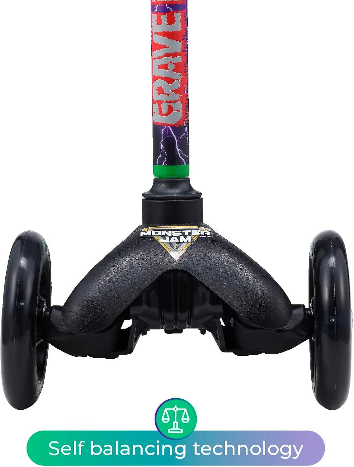 imageSelf Balancing Kick Scooter with Light Up Wheels Extra Wide Deck 3 Wheel Platform Foot Activated Brake 75 lbs Limit Kids amp Toddlers Girls or Boys for Ages 3 and UpMonster Jam