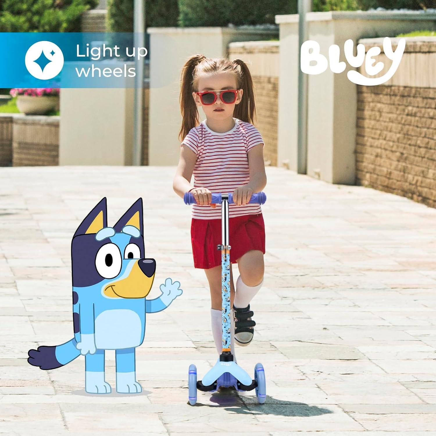 imageSelf Balancing Kick Scooter with Light Up Wheels Extra Wide Deck 3 Wheel Platform Foot Activated Brake 75 lbs Limit Kids amp Toddlers Girls or Boys for Ages 3 and UpBluey