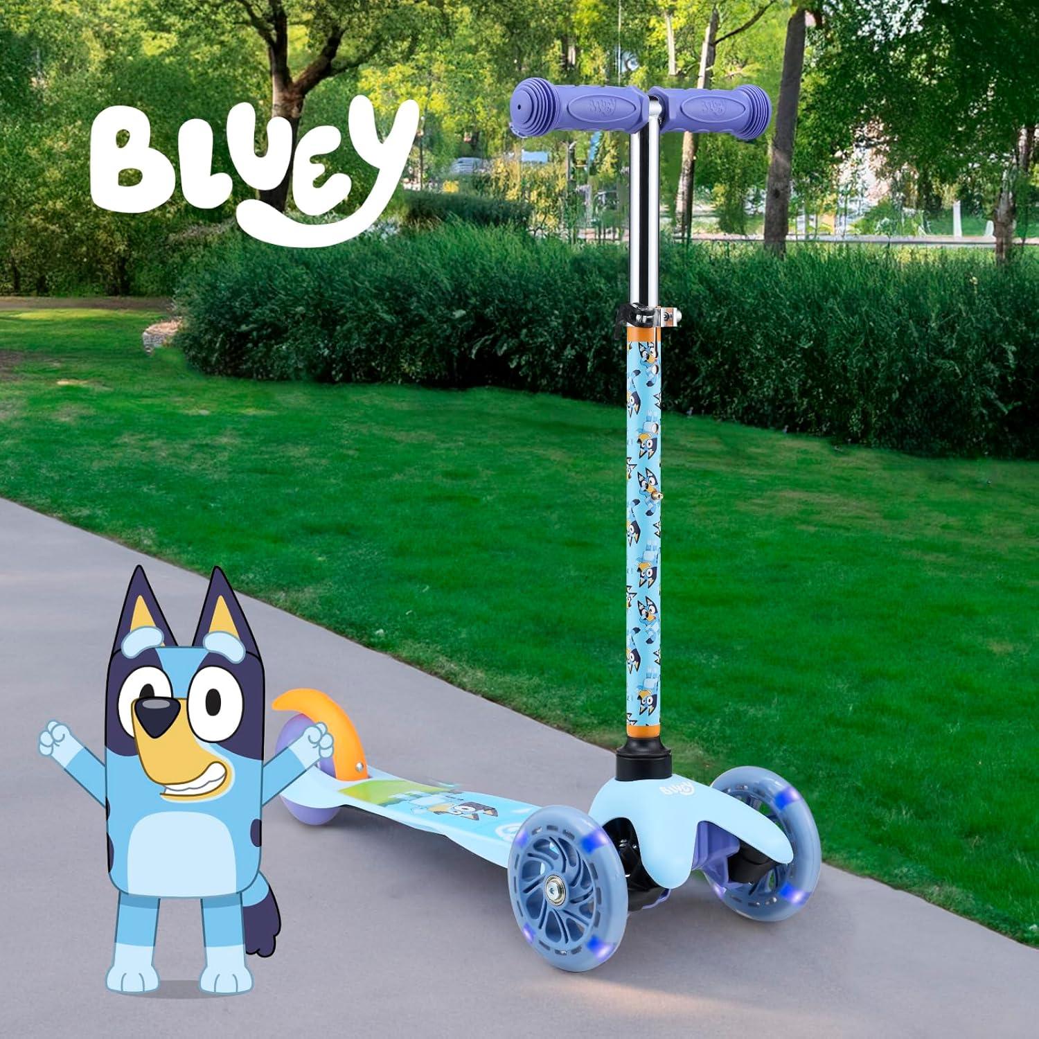 imageSelf Balancing Kick Scooter with Light Up Wheels Extra Wide Deck 3 Wheel Platform Foot Activated Brake 75 lbs Limit Kids amp Toddlers Girls or Boys for Ages 3 and UpBluey