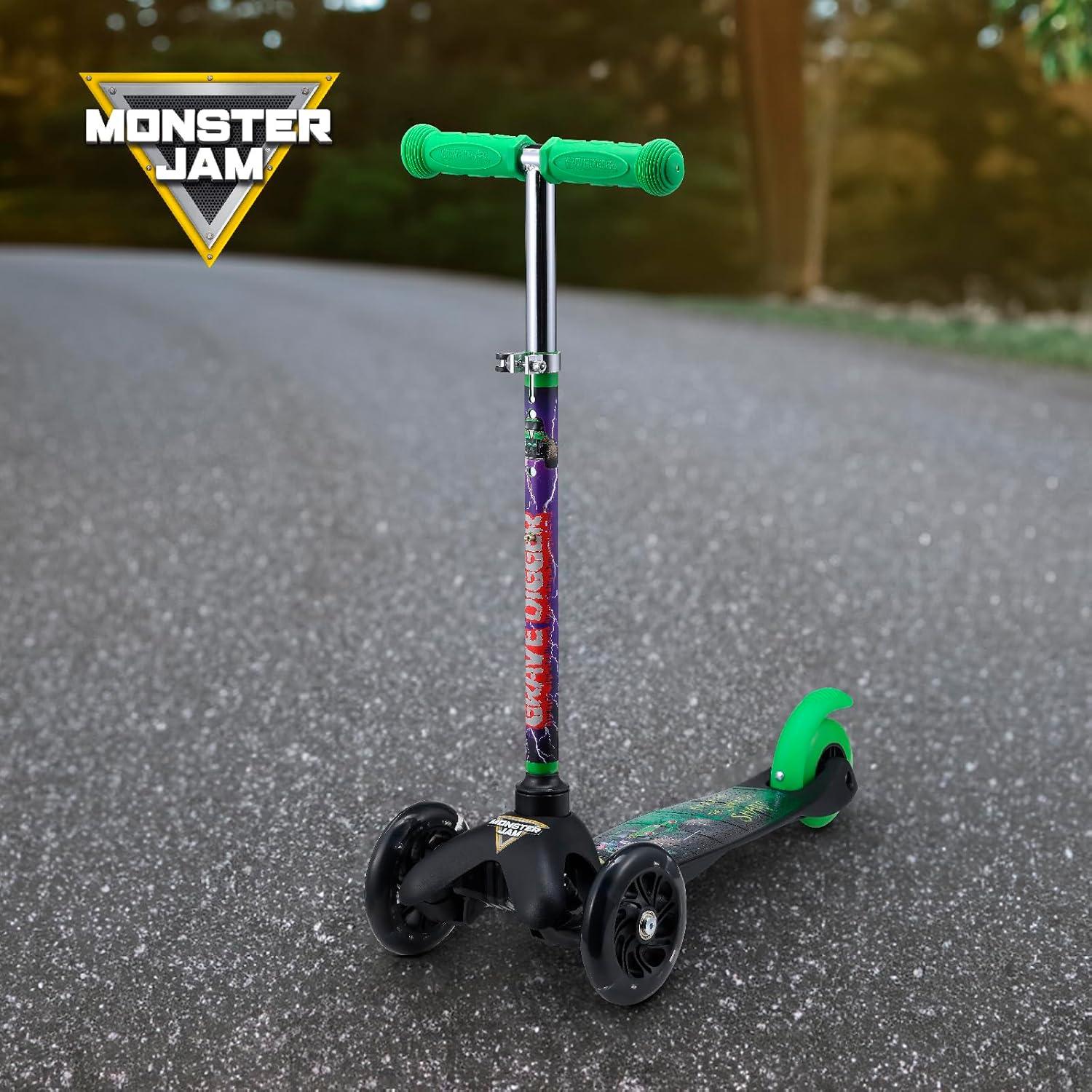 imageSelf Balancing Kick Scooter with Light Up Wheels Extra Wide Deck 3 Wheel Platform Foot Activated Brake 75 lbs Limit Kids amp Toddlers Girls or Boys for Ages 3 and UpMonster Jam
