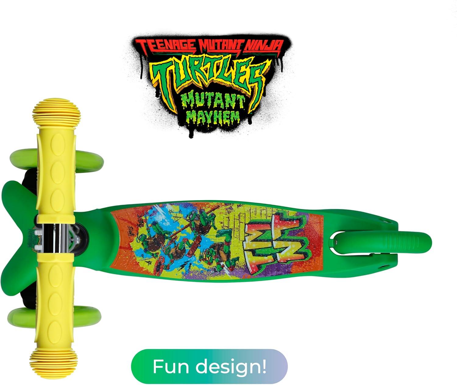 imageSelf Balancing Kick Scooter with Light Up Wheels Extra Wide Deck 3 Wheel Platform Foot Activated Brake 75 lbs Limit Kids amp Toddlers Girls or Boys for Ages 3 and UpTMNT