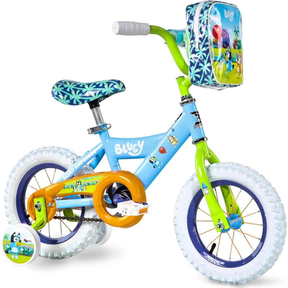 imageBluey 12 Inch Kids Bike by Dynacraft for Boys and Girls with Training Wheels Coaster Brake Sturdy Frame Easy Assembly Fun Bluey Design Beginner Toddler BicycleLight Blue