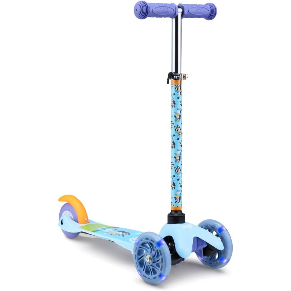 imageSelf Balancing Kick Scooter with Light Up Wheels Extra Wide Deck 3 Wheel Platform Foot Activated Brake 75 lbs Limit Kids amp Toddlers Girls or Boys for Ages 3 and UpBluey