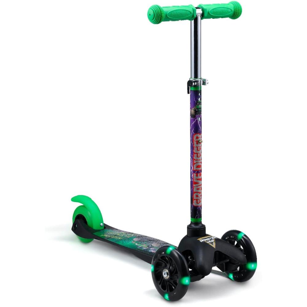 imageSelf Balancing Kick Scooter with Light Up Wheels Extra Wide Deck 3 Wheel Platform Foot Activated Brake 75 lbs Limit Kids amp Toddlers Girls or Boys for Ages 3 and UpMonster Jam