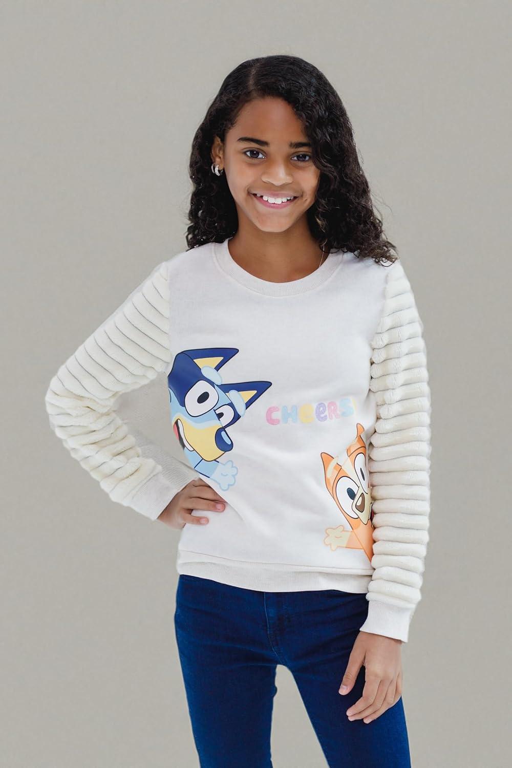 imageBluey Girls Fleece Sweatshirt with Faux Fur Sleeves Toddler to Big Kid Sizes 2T 1012White
