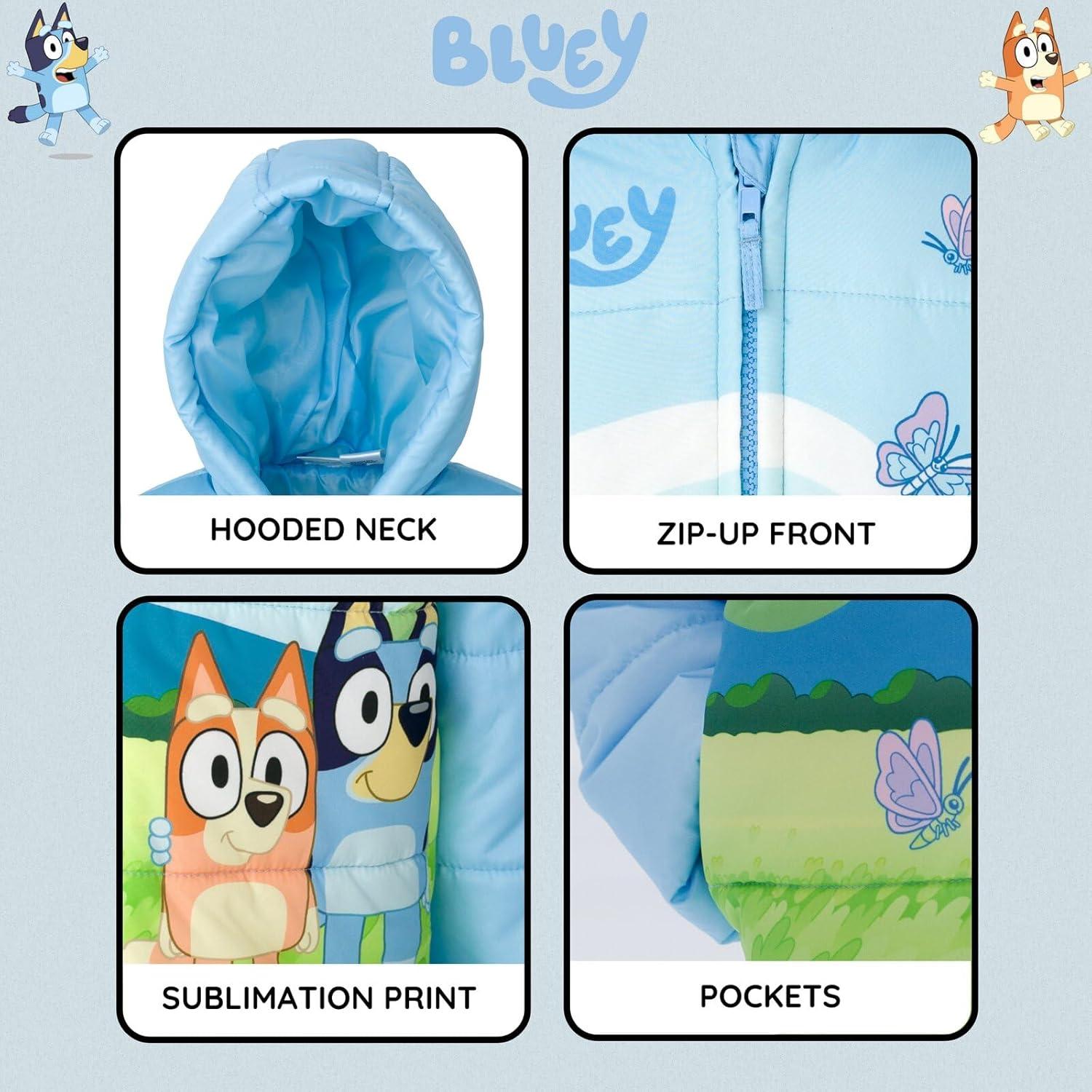 imageBluey Girls Zip Up Puffer Jacket Toddler to Little Kid Sizes 2T 78Sky Blue