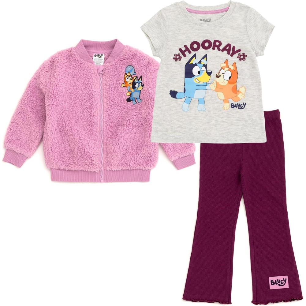 imageBluey Girls Faux Shearling Zip Up Bomber Jacket TShirt amp Ribbed Flare Pants 3 Piece Outfit Set Toddler to Big Kid SizesMauve Heather Gray Plum