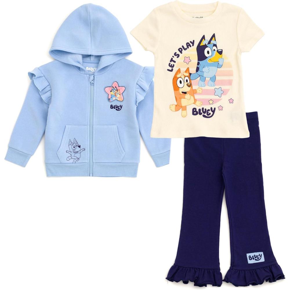 imageBluey Girls Fleece Drop Shoulder Zip Up Hoodie Ribbed TShirt amp Pants 3 Piece Outfit Toddler to Big Kid Sizes 2T 1012Blue Beige