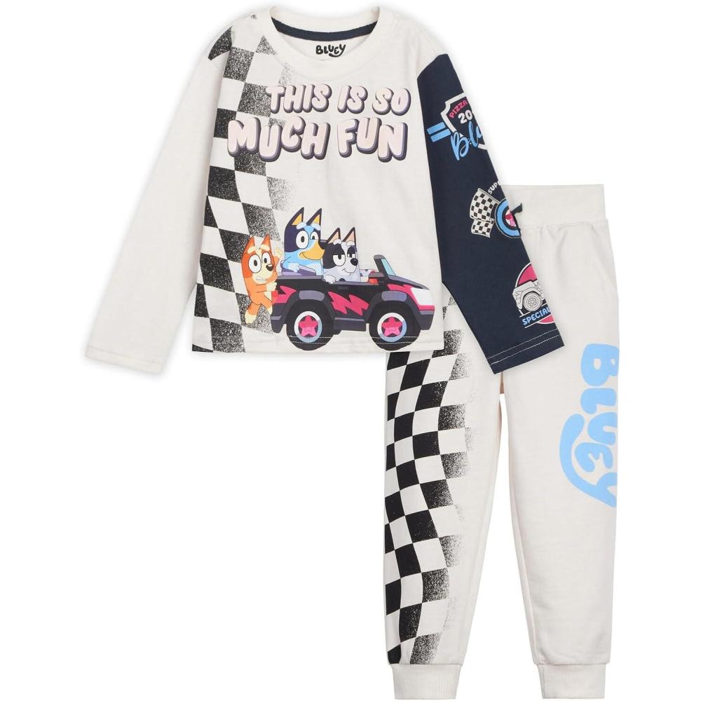 imageBluey TShirt and French Terry Jogger Pants Outfit Set Infant to Big Kid Sizes 12 Months 1012Offwhite
