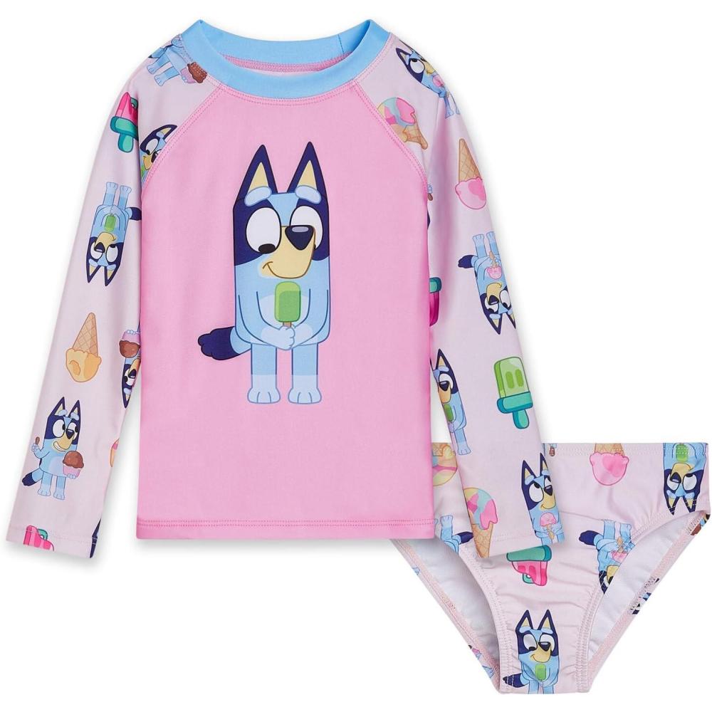 imageBluey Girls Raglan Rash Guard and Bikini Bottom UPF 50 Swim Set Toddler to Big Kid Sizes 2T  1012Pink