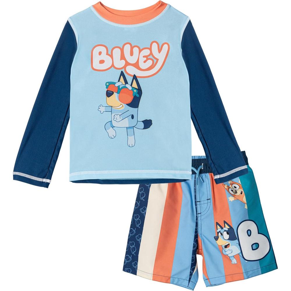 imageBluey Rash Guard and Swim Trunks UPF 50 Outfit Set Infant to Little Kid Sizes 12 Months 78Sky Blue Navy Orange