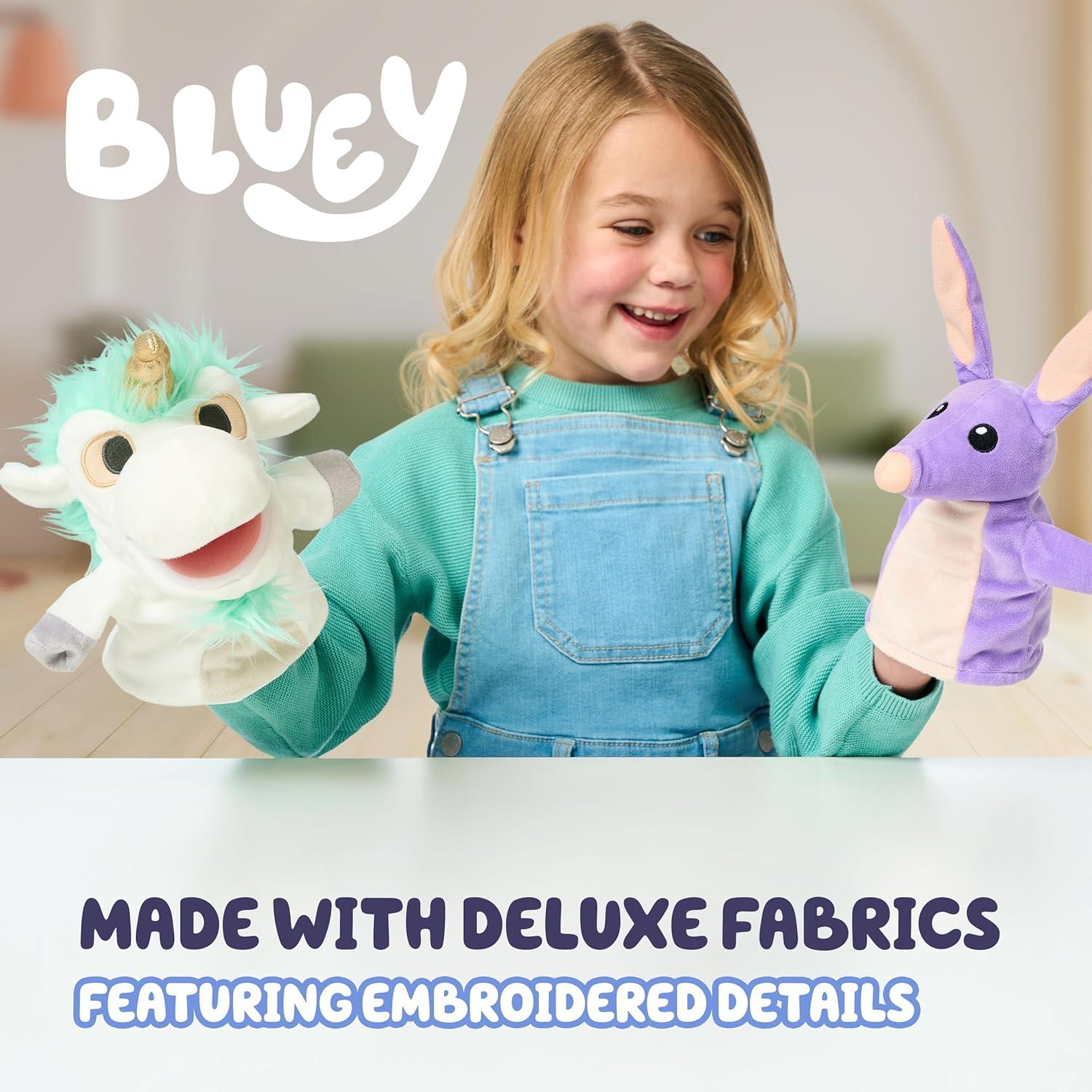 imageBluey Unicorse amp Bob Bilby Hand Puppet Plush 2Pack 89 Soft Deluxe Fabric Embroidered Details Perfect for Toddler Hands Imaginative Play Official Bluey Toys Amazon ExclusiveUnicorse Bob Bilby Puppets
