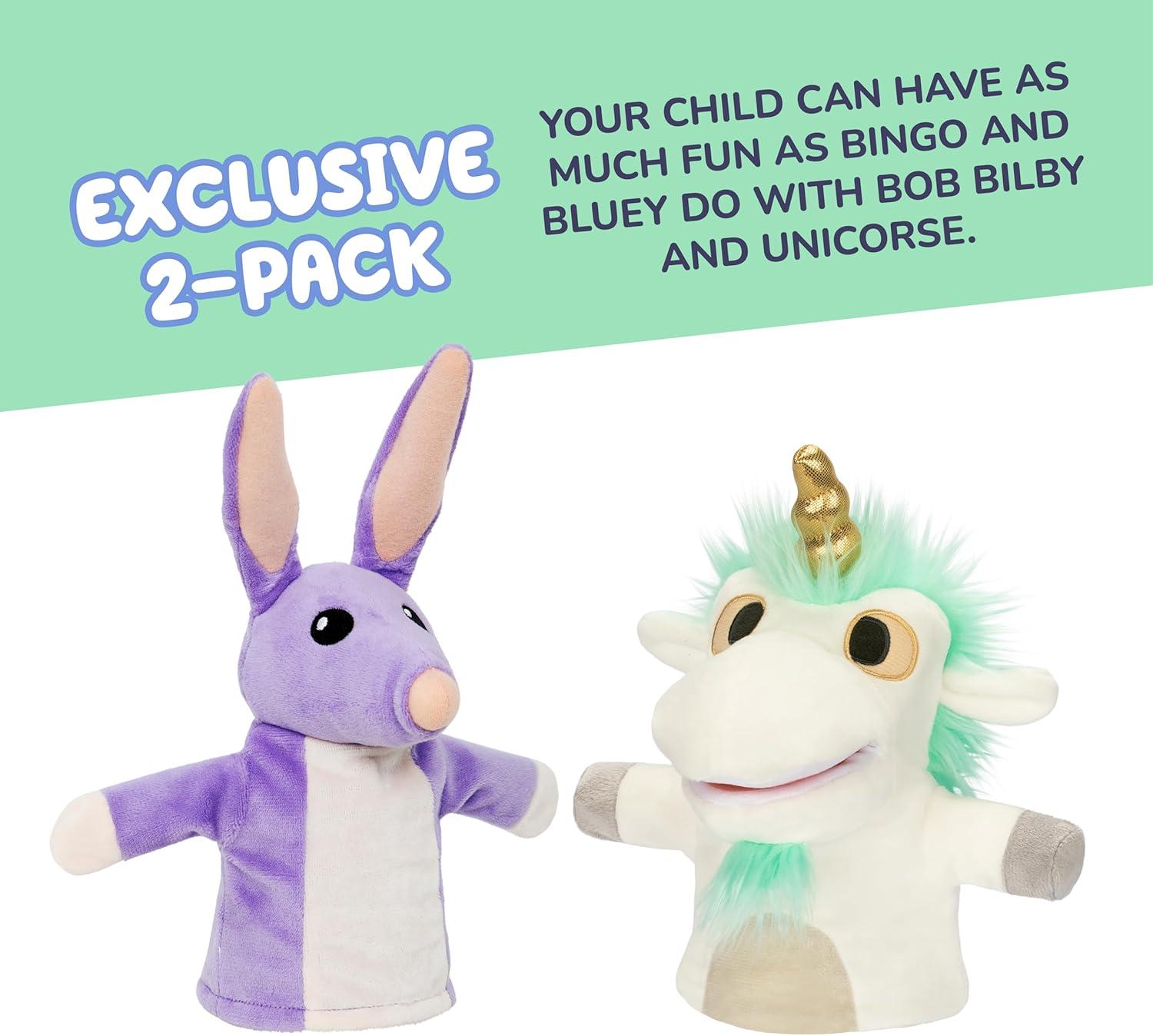 imageBluey Unicorse amp Bob Bilby Hand Puppet Plush 2Pack 89 Soft Deluxe Fabric Embroidered Details Perfect for Toddler Hands Imaginative Play Official Bluey Toys Amazon ExclusiveUnicorse Bob Bilby Puppets