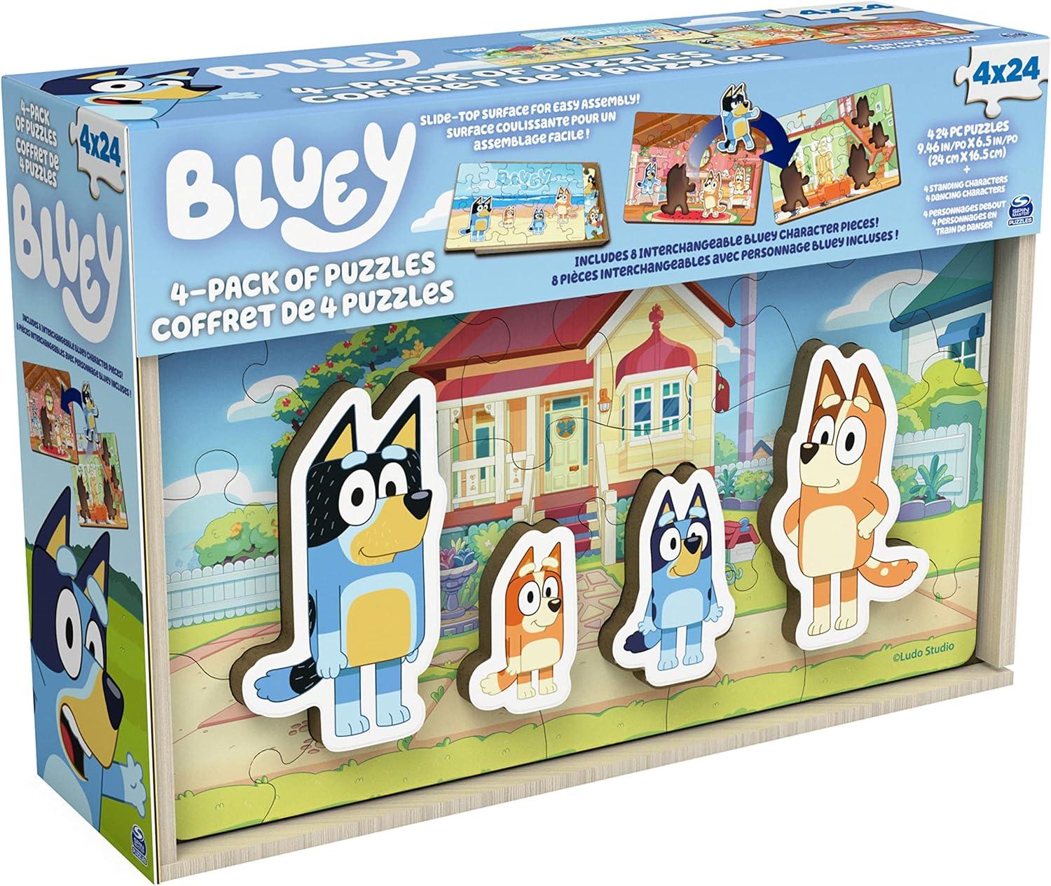 imageSpin Master Games Bluey Puzzles 4Pack Wooden Jigsaw Puzzles for Preschoolers 24 Pieces Each Interchangeable Pieces Bluey Birthday Gifts for Kids Ages 3 amp Up
