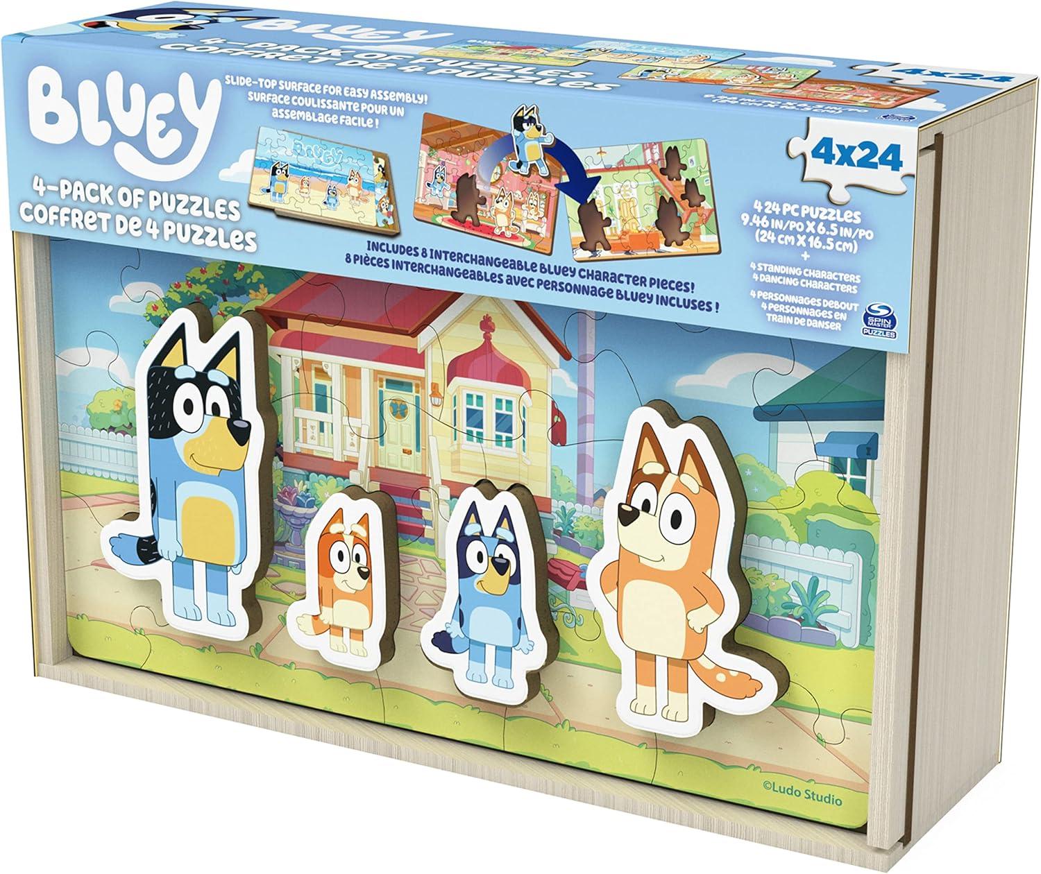 imageSpin Master Games Bluey Puzzles 4Pack Wooden Jigsaw Puzzles for Preschoolers 24 Pieces Each Interchangeable Pieces Bluey Birthday Gifts for Kids Ages 3 amp Up