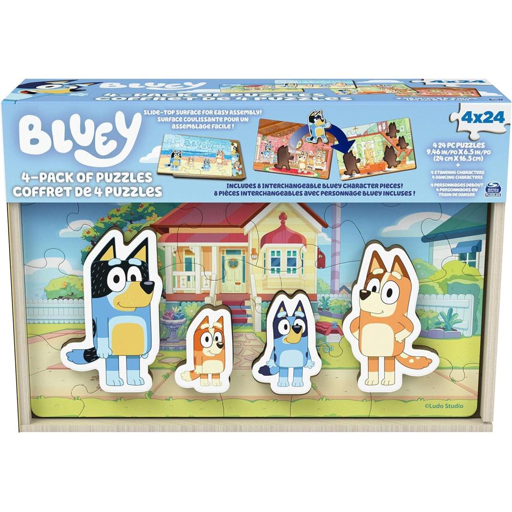 imageSpin Master Games Bluey Puzzles 4Pack Wooden Jigsaw Puzzles for Preschoolers 24 Pieces Each Interchangeable Pieces Bluey Birthday Gifts for Kids Ages 3 amp Up