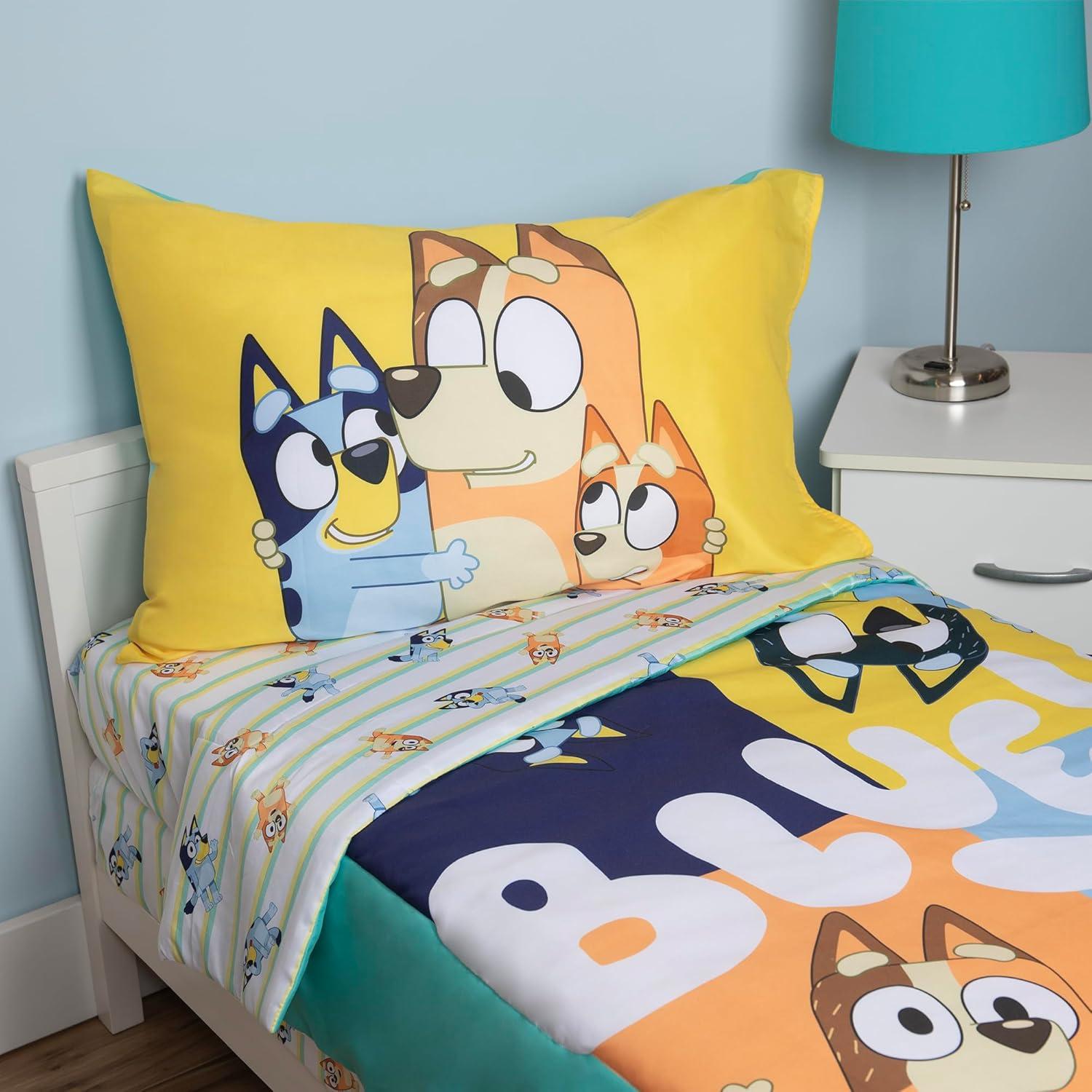 imageBluey 4 Piece Toddler Bedding Set Includes Comforter Sheet Set Fitted Top Sheet Reversible Pillowcase for Boys or Girls Bed BlueBluey Blue 4 Pc Toddler Set