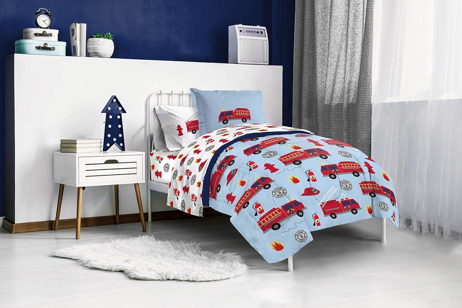 imageJay Franco Bluey amp Bingo Twin Comforter Set 5 Piece Bed Set Includes Sheet Set amp Pillow Covers Super Soft Clouds amp Stars Kids BeddingBlue Fire Truck