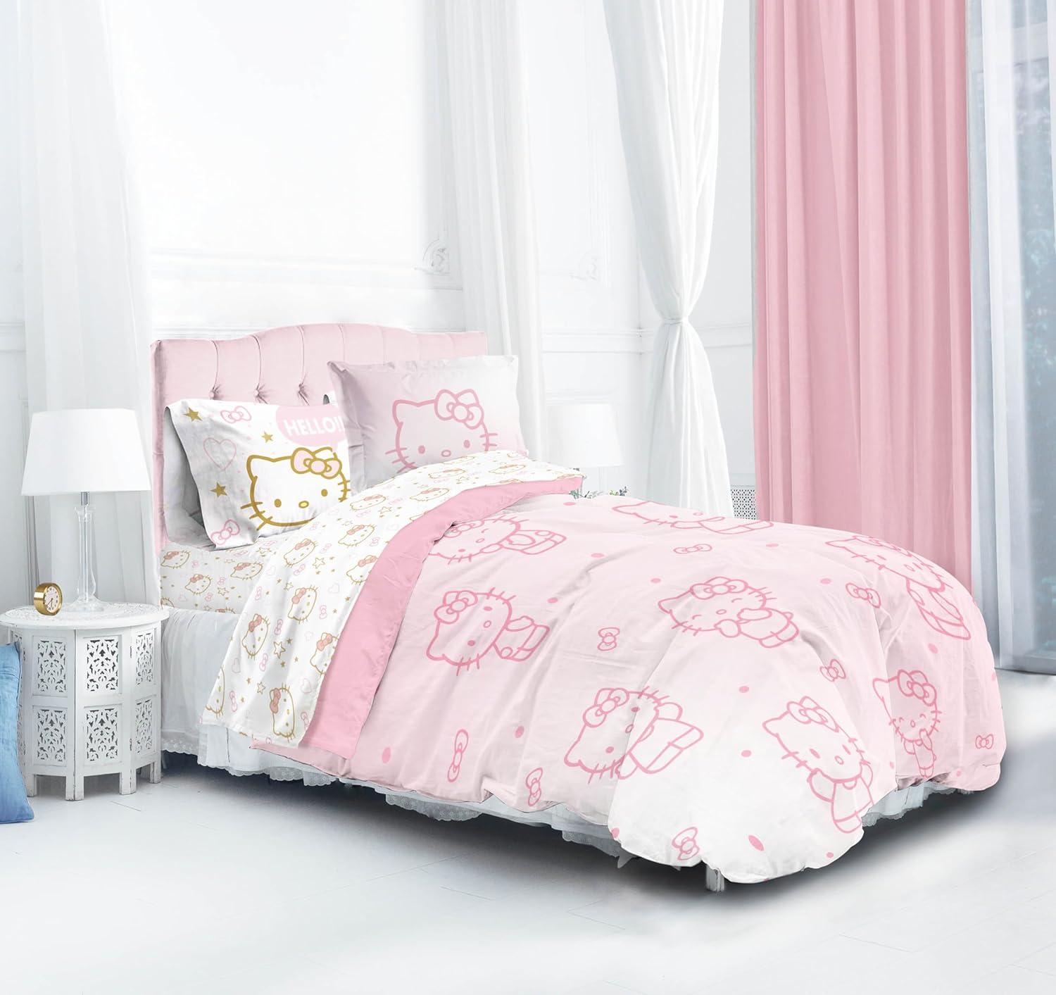 imageJay Franco Bluey amp Bingo Twin Comforter Set 5 Piece Bed Set Includes Sheet Set amp Pillow Covers Super Soft Clouds amp Stars Kids BeddingPink Hello Kitty