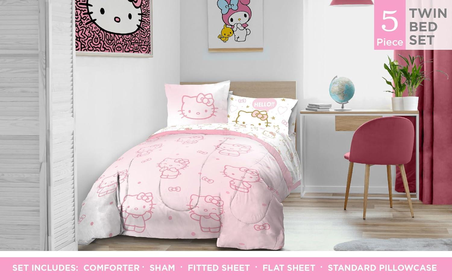 imageJay Franco Bluey amp Bingo Twin Comforter Set 5 Piece Bed Set Includes Sheet Set amp Pillow Covers Super Soft Clouds amp Stars Kids BeddingPink Hello Kitty
