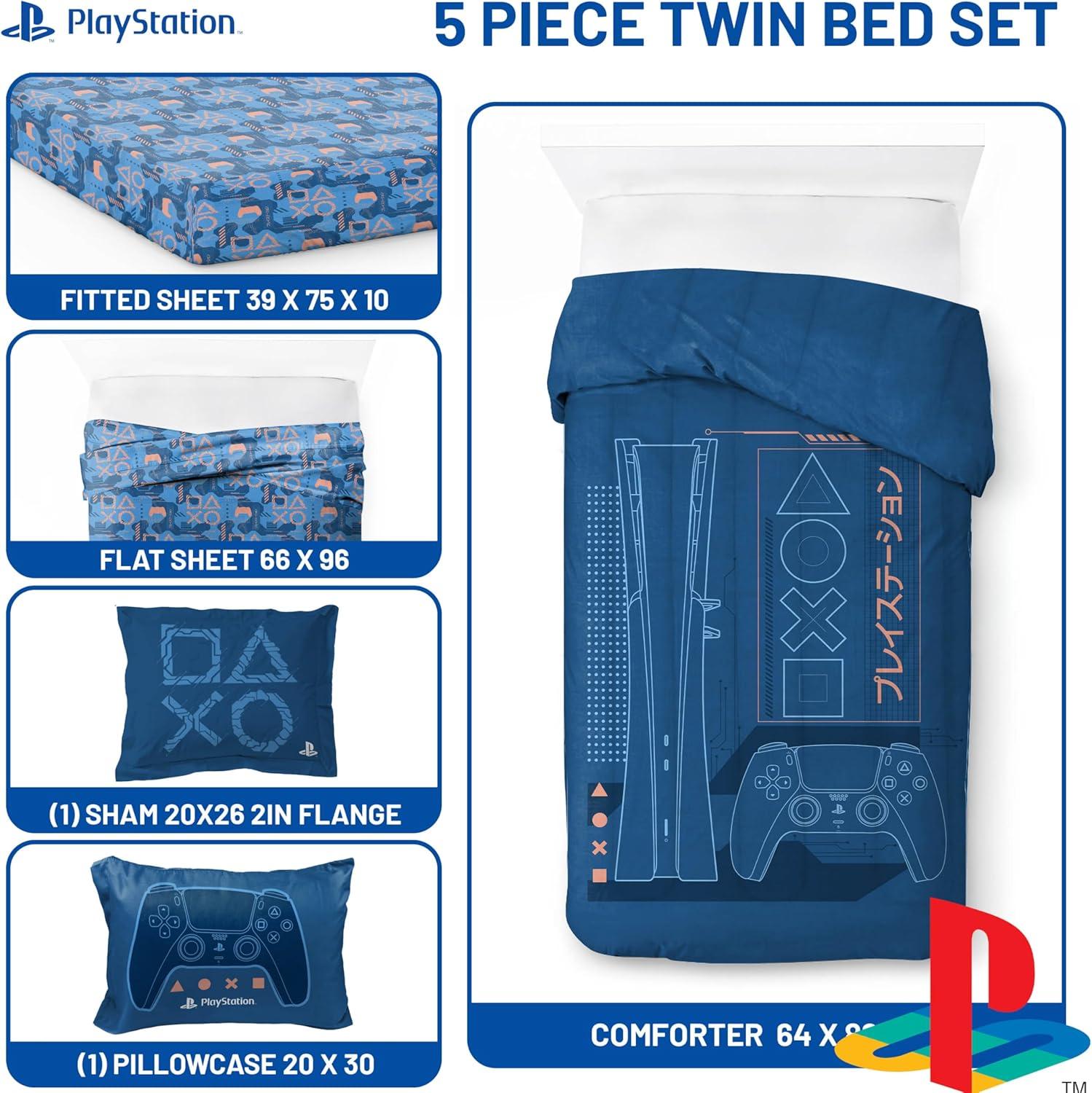 imageJay Franco Kids Comforter Set Includes Sheets and Pillow Covers Soft and Cozy Bed Set for Stylish Room Decor Blue Bluey 5 Piece Twin Size BeddingBlue Playstation