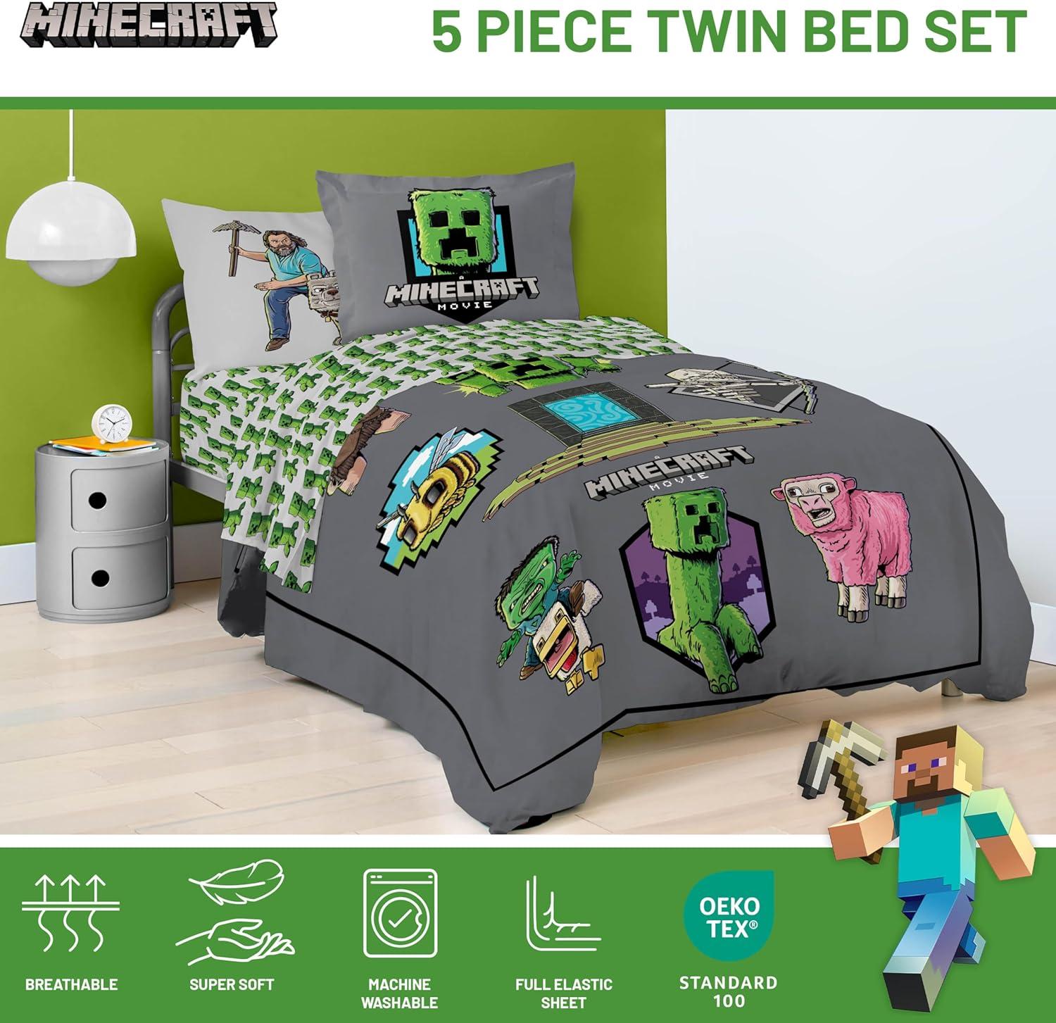 imageJay Franco Kids Comforter Set Includes Sheets and Pillow Covers Soft and Cozy Bed Set for Stylish Room Decor Blue Bluey 5 Piece Twin Size BeddingGrey Minecraft Movie